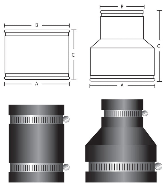 PipeConx PCX Series 56 Plastic or Cast Iron to Plastic or Cast Iron Coupling (PCX56-150/125 - 1-1/2″ x 1-1/4″)